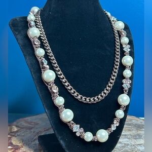 Givenchy Vintage Couture Bronze Necklace with Pearls and Rhinestones